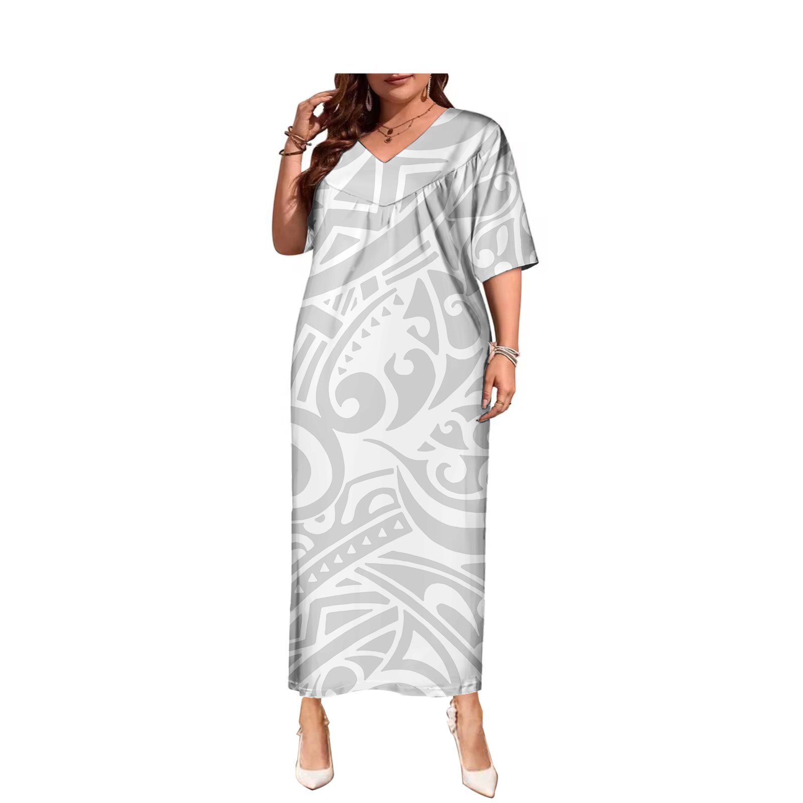 Short Sleeves Maxi Dresses Women Elegant Polynesian Tribal Samoan Tapa White Print Custom Women Sexy Plus Size Church Dress