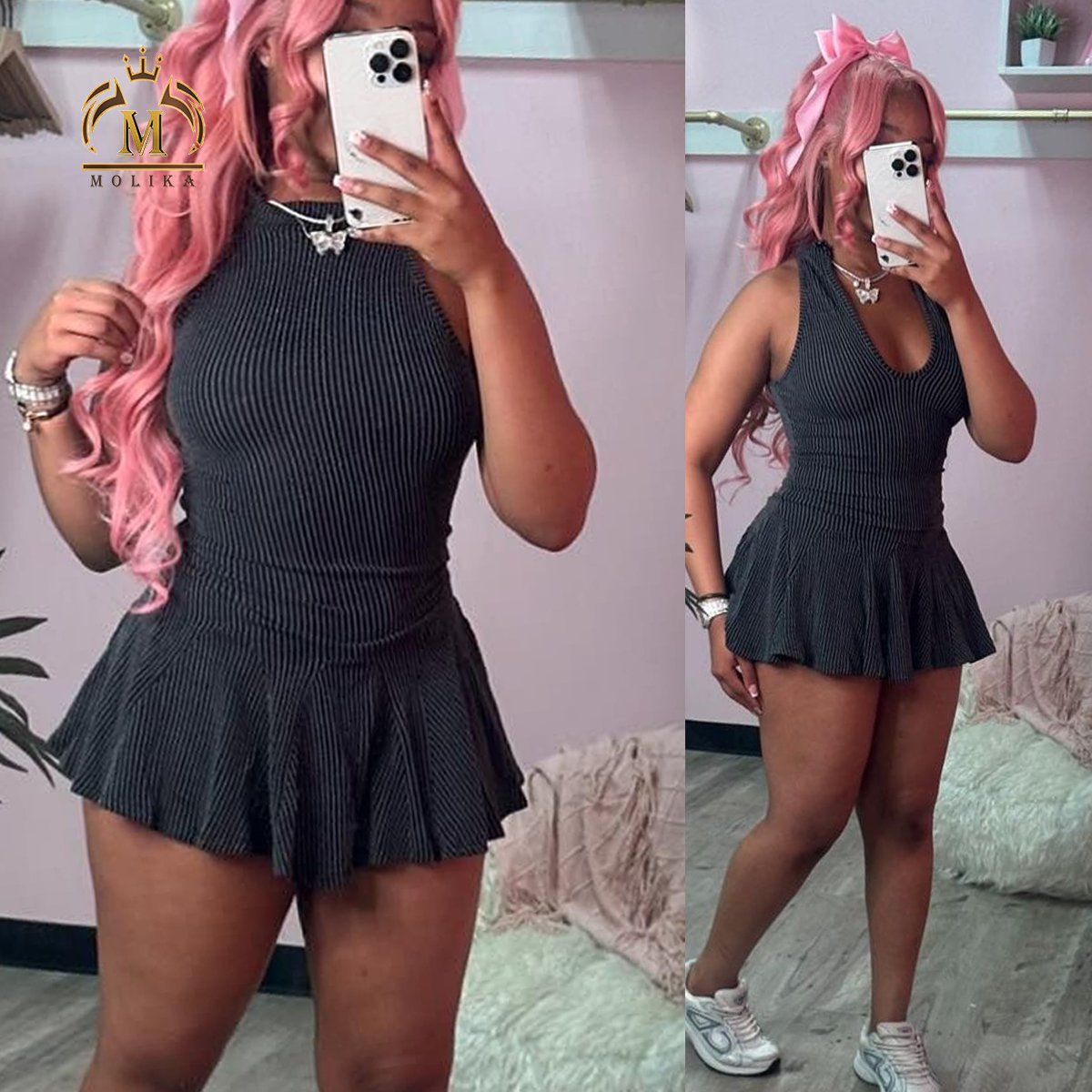 2024 New Arrivals Women Dresses Knit Stripes Slim Fit Hollow Out Shorts Matching Dresses Ladies Mini Dresses Women Casual