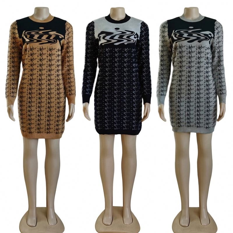 Designer clothes famous brands autumn Round neck knitted sweater dress elegant luxury brand clothing dresses women casual