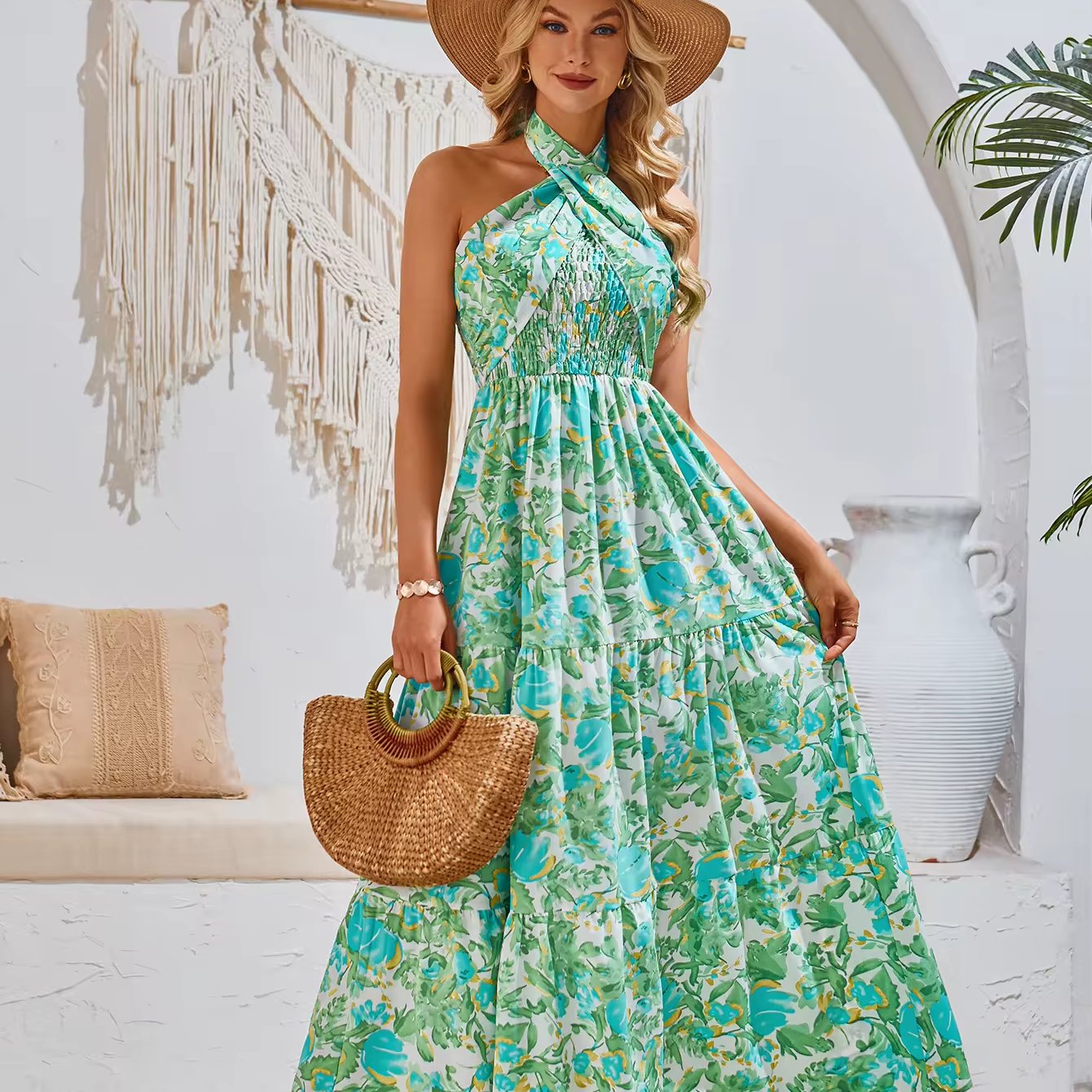 D&M custom Summer Women Casual Dress Elegant Ladies Long Dress Sexy Square Collar with Puff Sleeves Floral Print Vestidos Dress