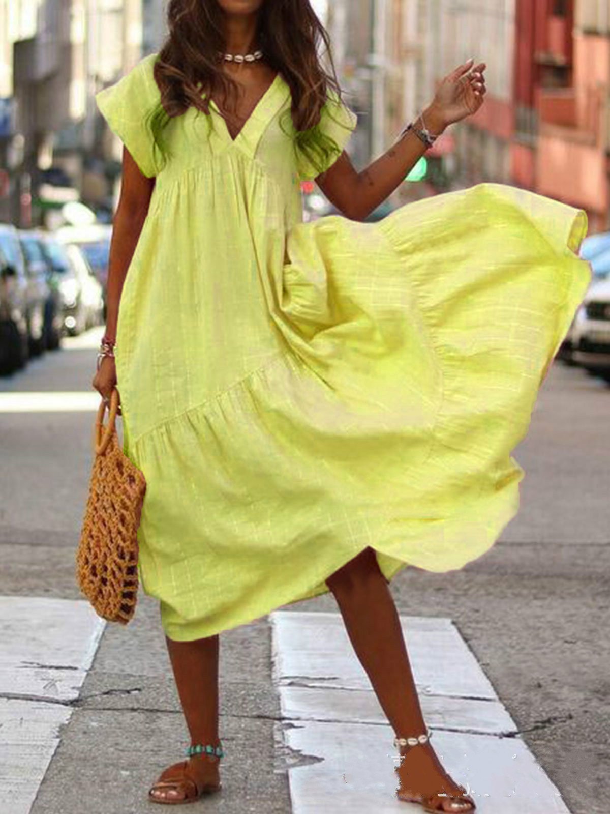 Summer Sundress V-neck Sweet Beach Dress A-line Loose Casual Women Elegant Short Sleeveless Bohemian Dress