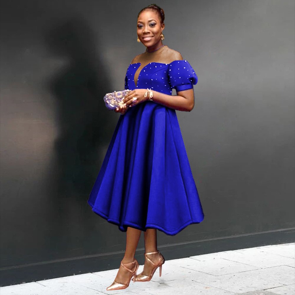 Summer Patchwork Mesh Casual Dress Women Puff Sleeve High Waist Beading Midi A-line Dress Ladies Retro Dresses Clothes Women