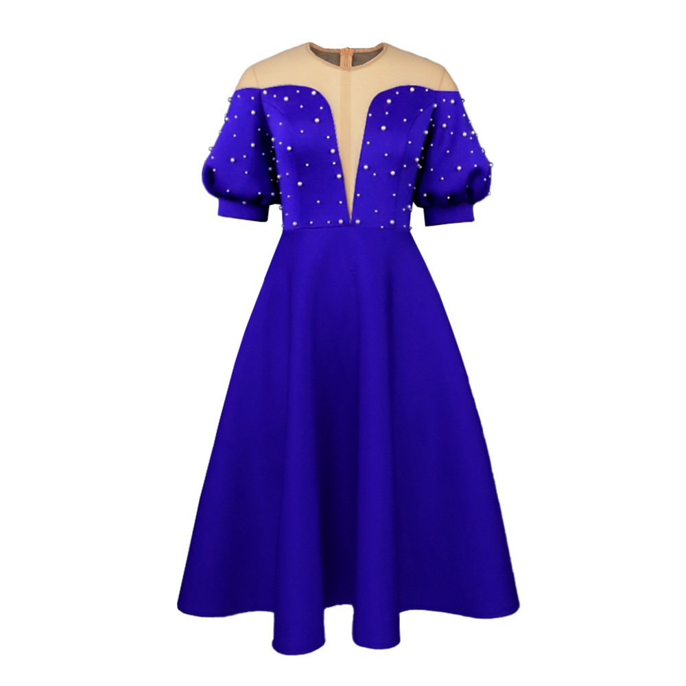 Summer Patchwork Mesh Casual Dress Women Puff Sleeve High Waist Beading Midi A-line Dress Ladies Retro Dresses Clothes Women
