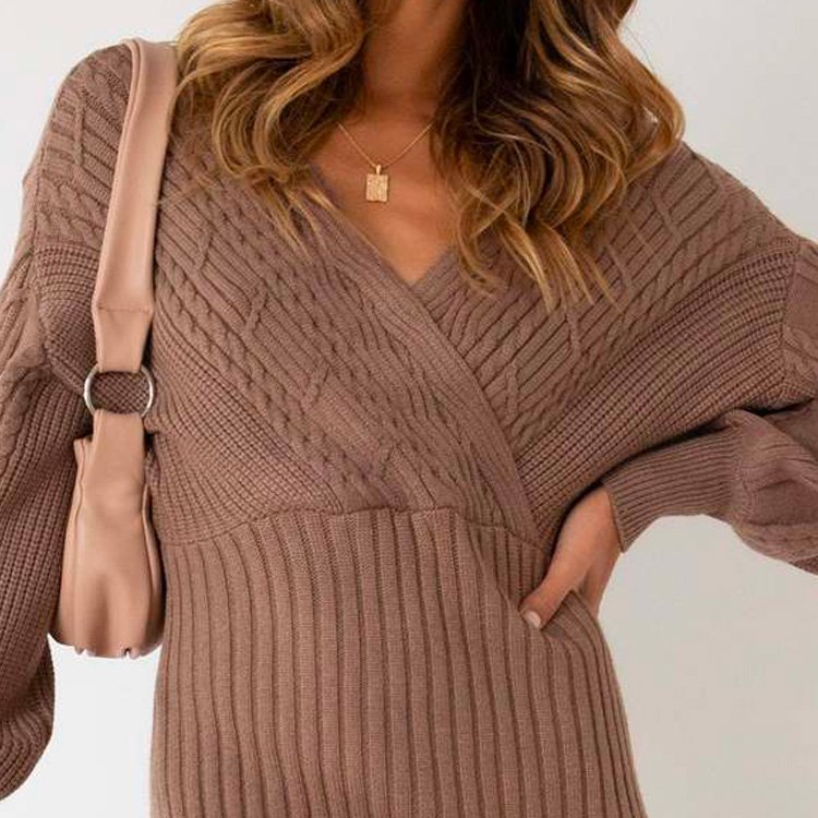Twisted Cord Floral Women Wrap Around Batwing Sleeve Mini Sweaters Casual Solid Knit Knitted Dresses