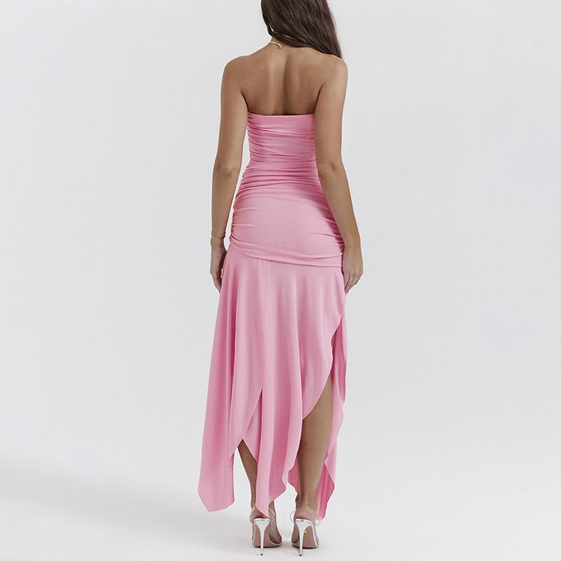 Summer New Women's Strapless Backless One Shoulder Pleated Asymmetrical Sexy Dresses Women Casual Long Dresses