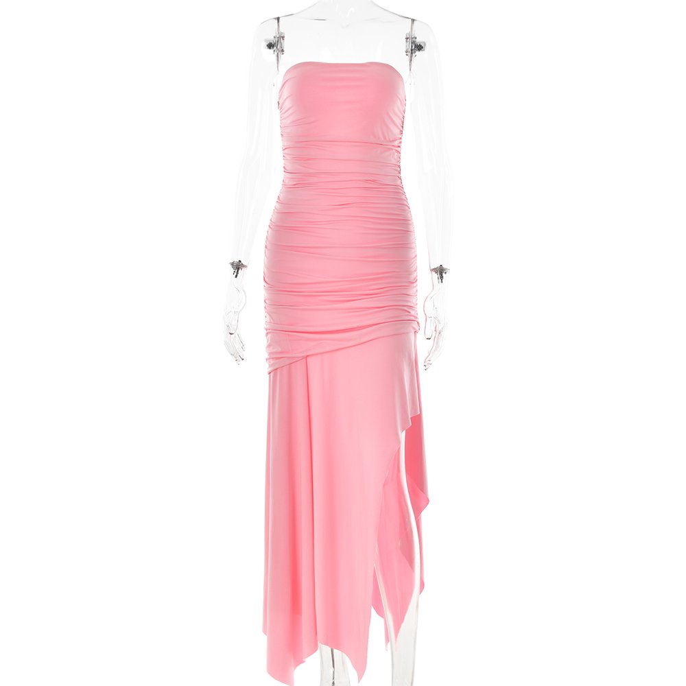 Summer New Women's Strapless Backless One Shoulder Pleated Asymmetrical Sexy Dresses Women Casual Long Dresses