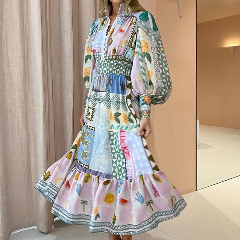 Casual Wear Ladies Dress Long Sleeves colored Print A-line Summer Simple Maxi Dress Clothing Woman Model Casual Dresses