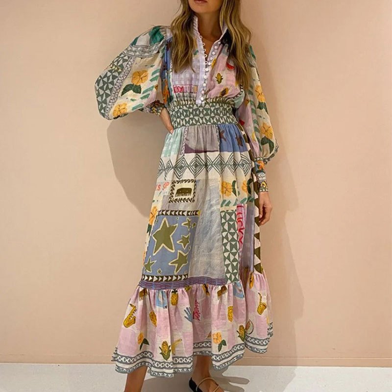 Casual Wear Ladies Dress Long Sleeves colored Print A-line Summer Simple Maxi Dress Clothing Woman Model Casual Dresses