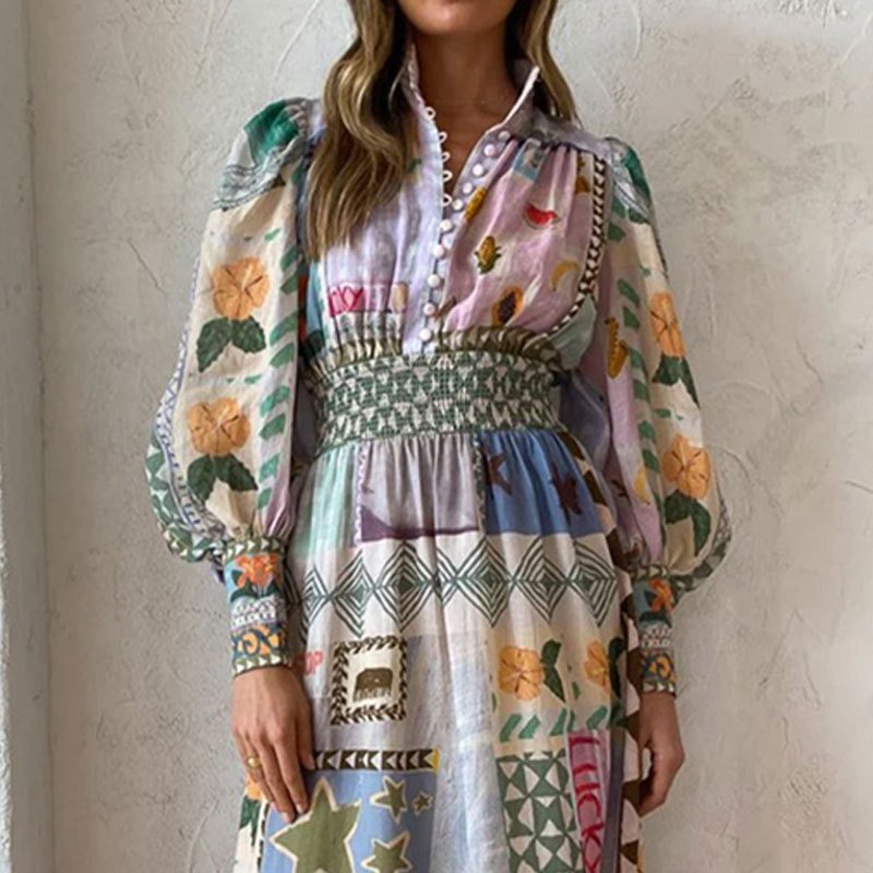 Casual Wear Ladies Dress Long Sleeves colored Print A-line Summer Simple Maxi Dress Clothing Woman Model Casual Dresses