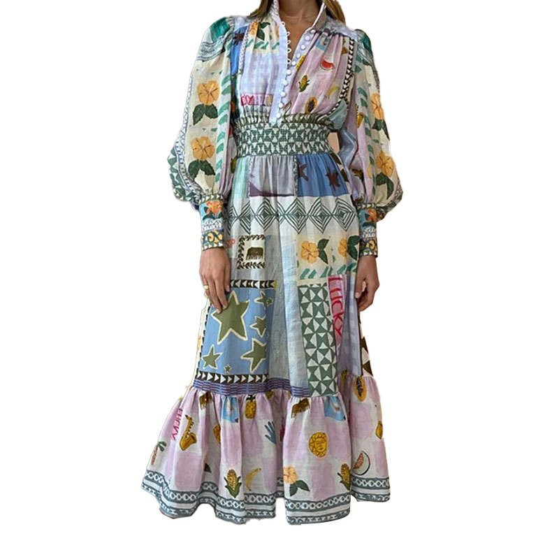 Casual Wear Ladies Dress Long Sleeves colored Print A-line Summer Simple Maxi Dress Clothing Woman Model Casual Dresses