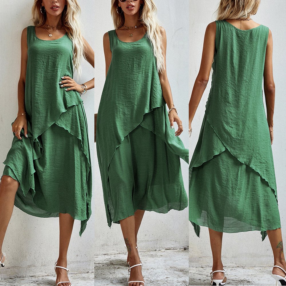 2021 Classical Simple Dress Women Causal Dress None Decoration Jersey Over Knee Solid Green Summer A-line Dress