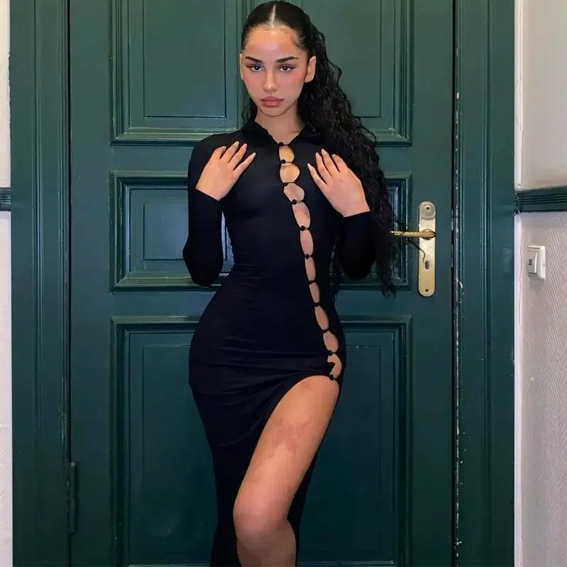 Fashion Party Evening Dress Long Sleeve Stretchy Slit Hollow OutSexy Bodycon Solid Women Knit Dress