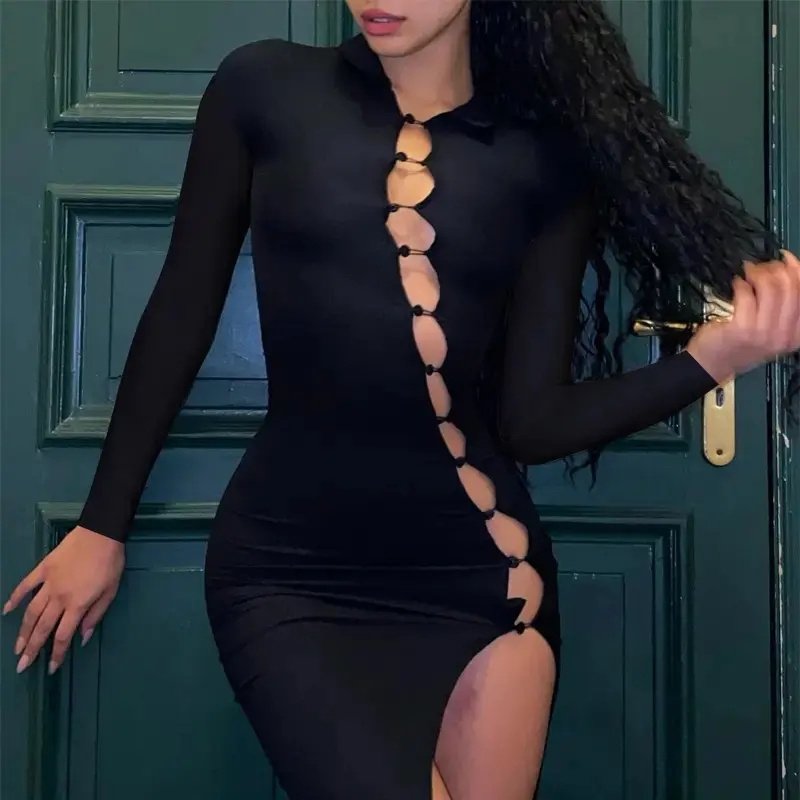 Fashion Party Evening Dress Long Sleeve Stretchy Slit Hollow OutSexy Bodycon Solid Women Knit Dress
