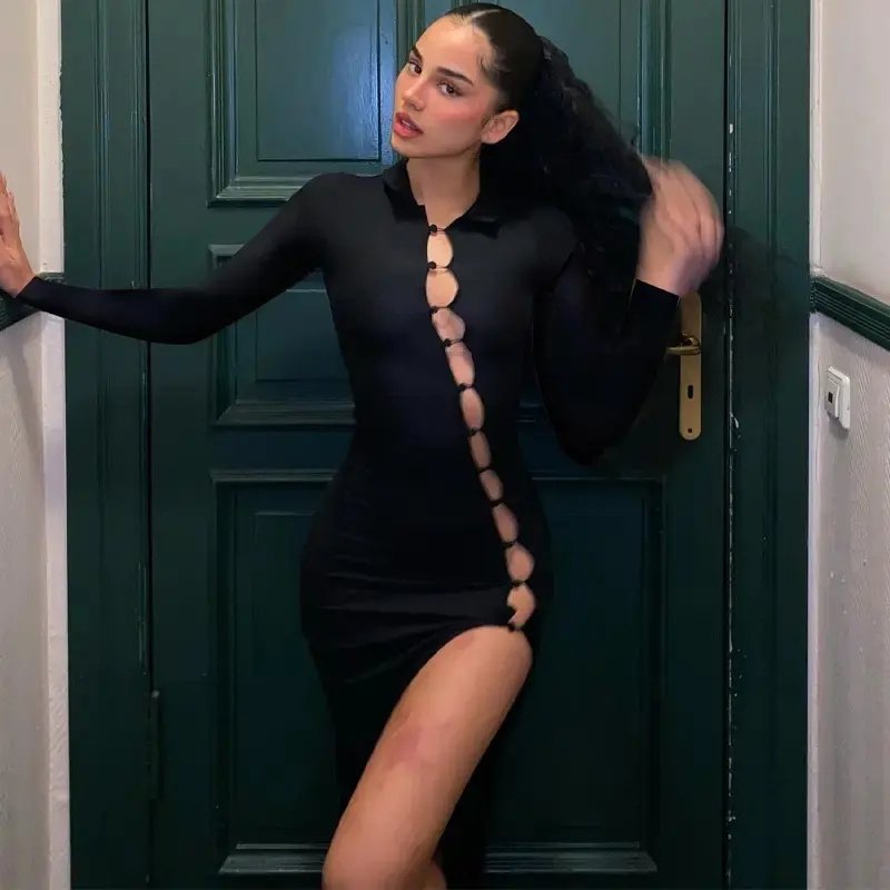 Fashion Party Evening Dress Long Sleeve Stretchy Slit Hollow OutSexy Bodycon Solid Women Knit Dress