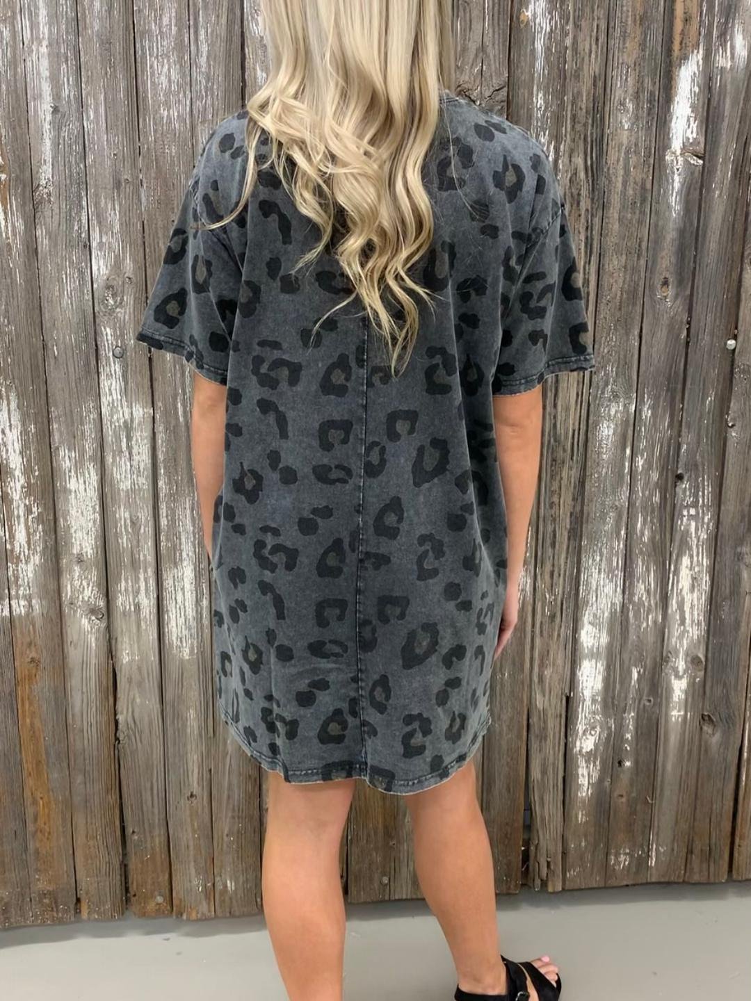 Wholesale casual western clothing short sleeve mini knee length leopard dresses print tshirt dress with pockets