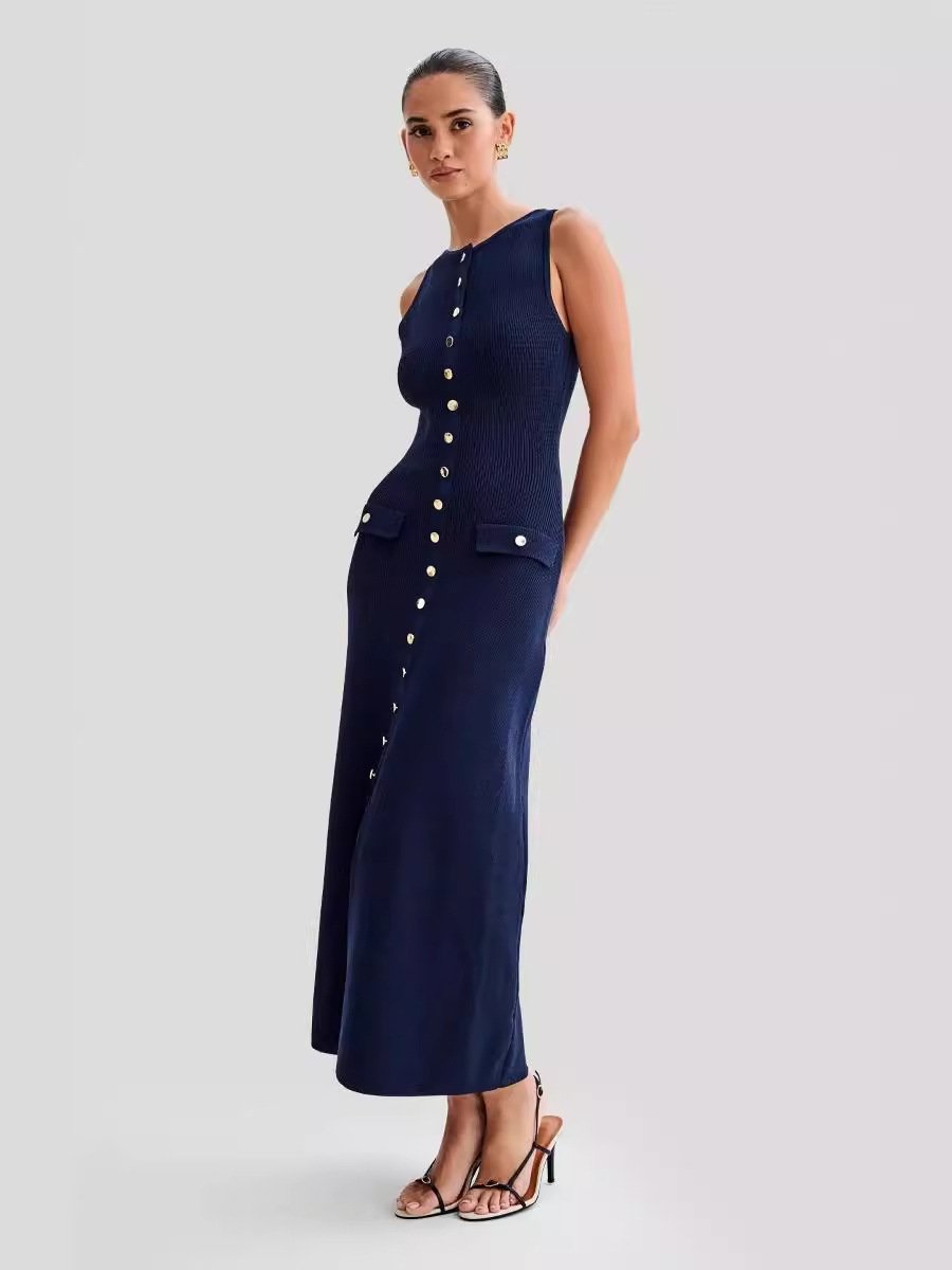 2024 summer new European and American style sleeveless round neck slim knit dress