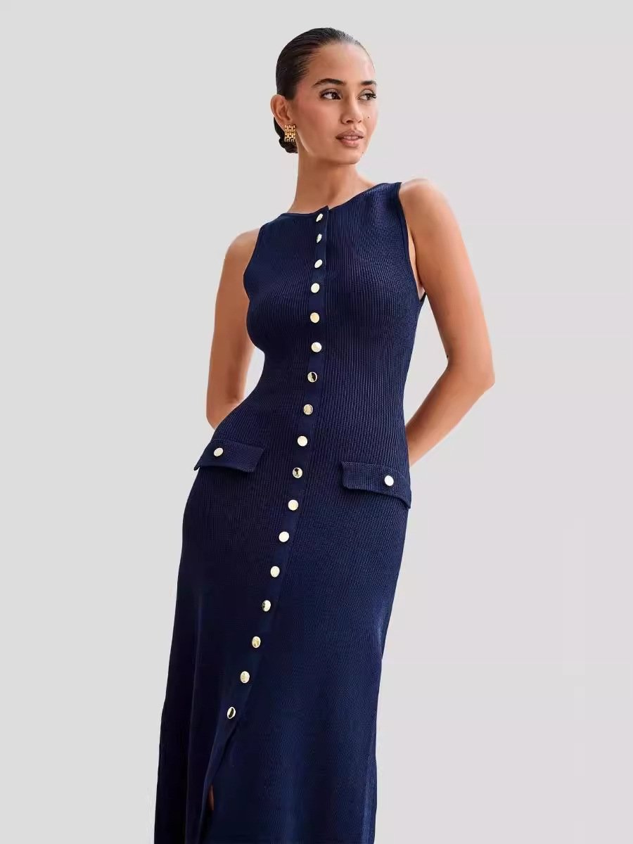2024 summer new European and American style sleeveless round neck slim knit dress