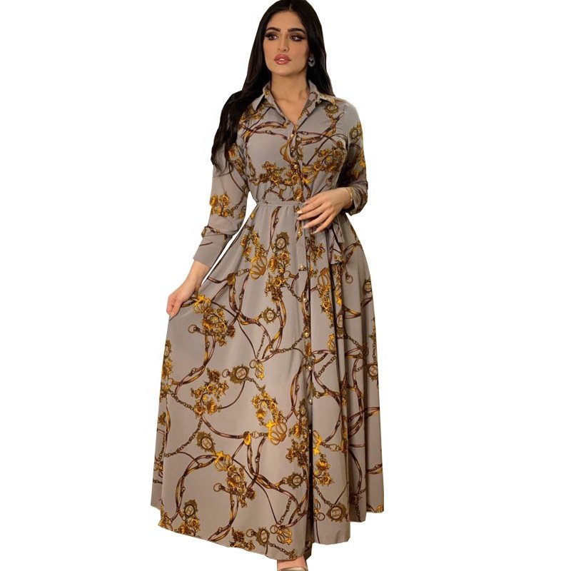 RHG Wholesale Women Dubai Tutkish Arab Kaftan Long Sleeve Maxi Dress Ethnic Islamic Clothing Flower Printed Abaya Muslim Dress