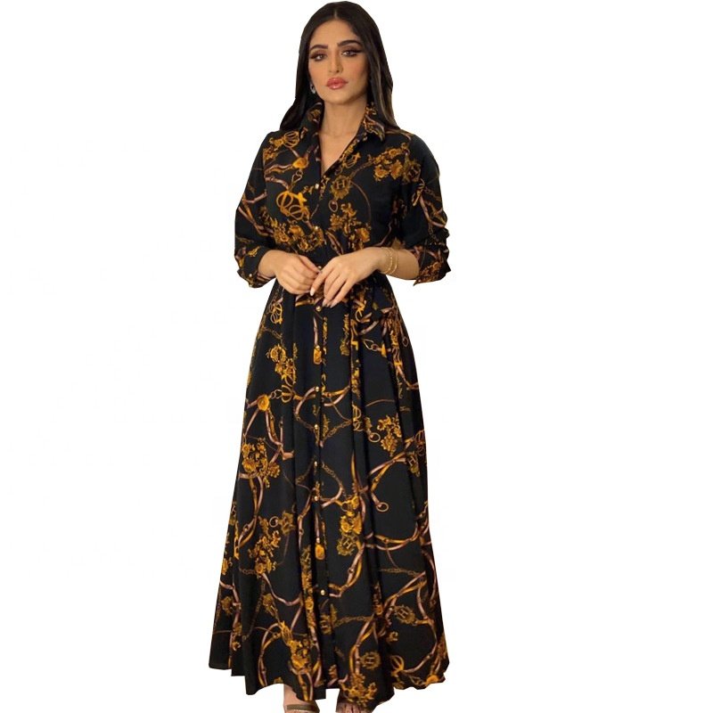 RHG Wholesale Women Dubai Tutkish Arab Kaftan Long Sleeve Maxi Dress Ethnic Islamic Clothing Flower Printed Abaya Muslim Dress