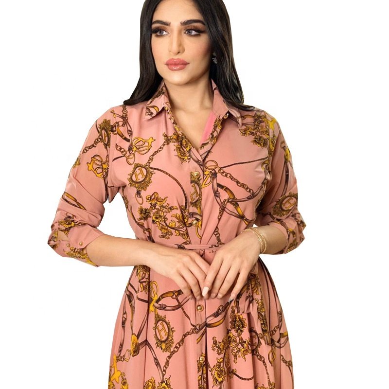 RHG Wholesale Women Dubai Tutkish Arab Kaftan Long Sleeve Maxi Dress Ethnic Islamic Clothing Flower Printed Abaya Muslim Dress
