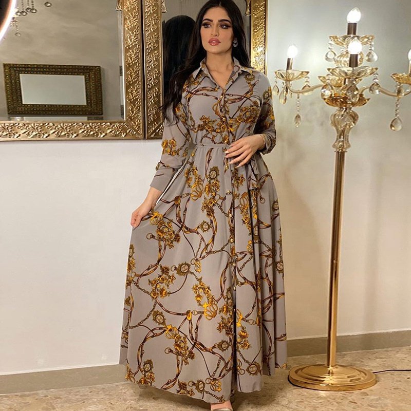 RHG Wholesale Women Dubai Tutkish Arab Kaftan Long Sleeve Maxi Dress Ethnic Islamic Clothing Flower Printed Abaya Muslim Dress