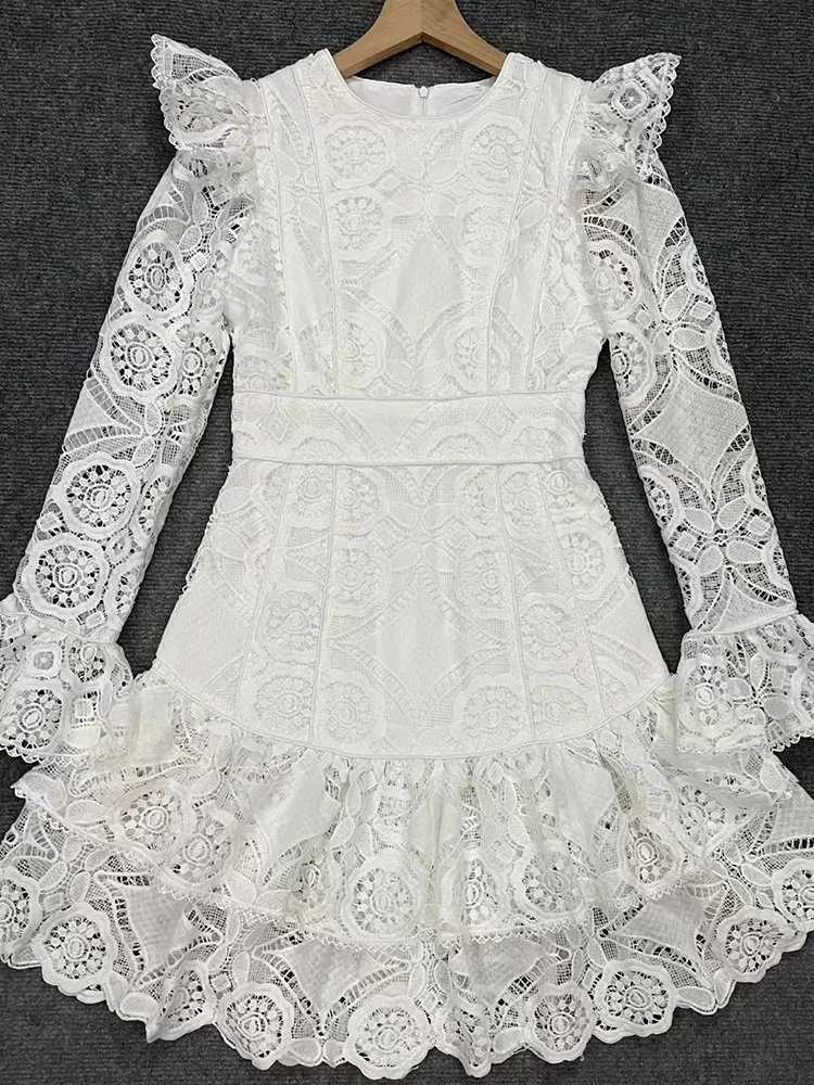 TWOTWINSTYLE 2024 Women Formal Solid Color Polyester Cotton Pearl Button Breathable Hollow out O Neck Knee Length Dresses