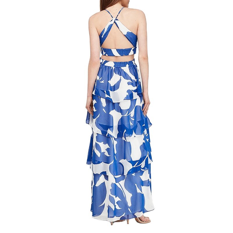 Vacation Style Ladies Sleeveless V Neck Cut Out Strap Cross Back Blue Floral Print Maxi Dress