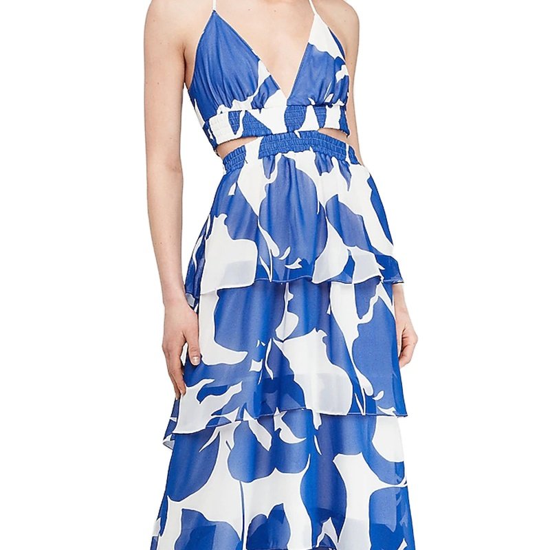 Vacation Style Ladies Sleeveless V Neck Cut Out Strap Cross Back Blue Floral Print Maxi Dress