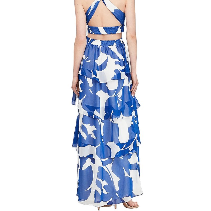 Vacation Style Ladies Sleeveless V Neck Cut Out Strap Cross Back Blue Floral Print Maxi Dress
