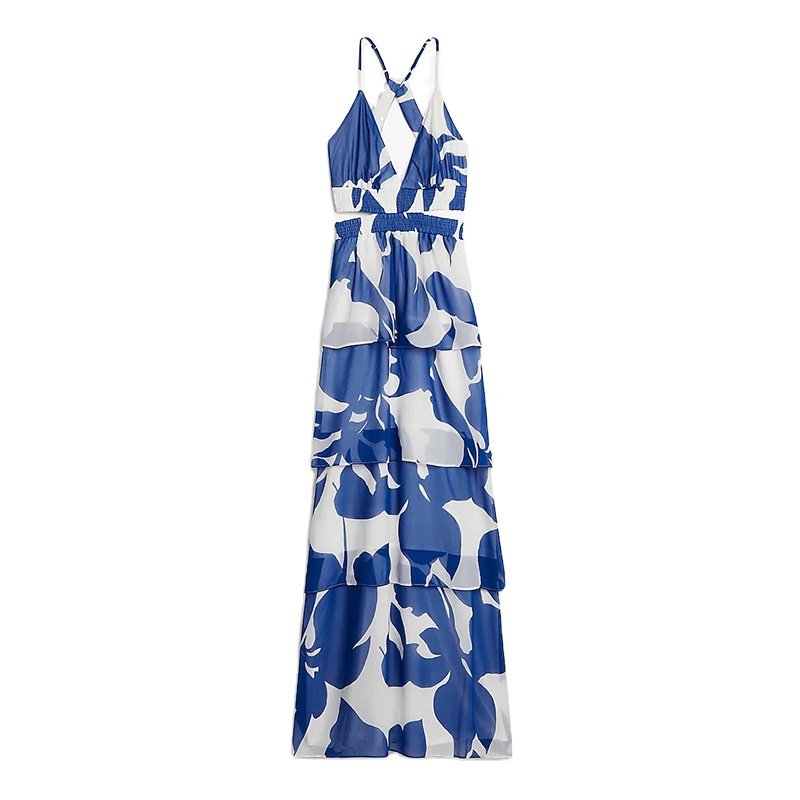 Vacation Style Ladies Sleeveless V Neck Cut Out Strap Cross Back Blue Floral Print Maxi Dress