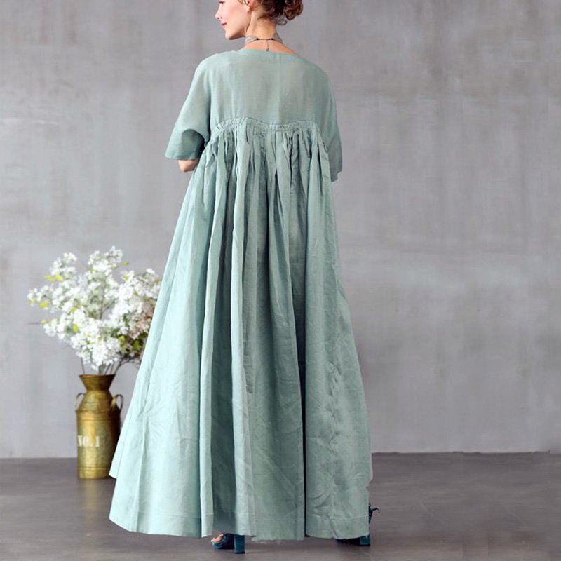 Custom Summer Vintage Lady Plain Dress OEM Linen Loose Dress Maxi Casual Long Linen Dress Women