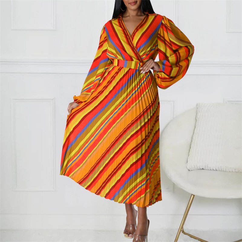 Latest lady elegant fashion maxi dress casual stripe print shirt dresses for women