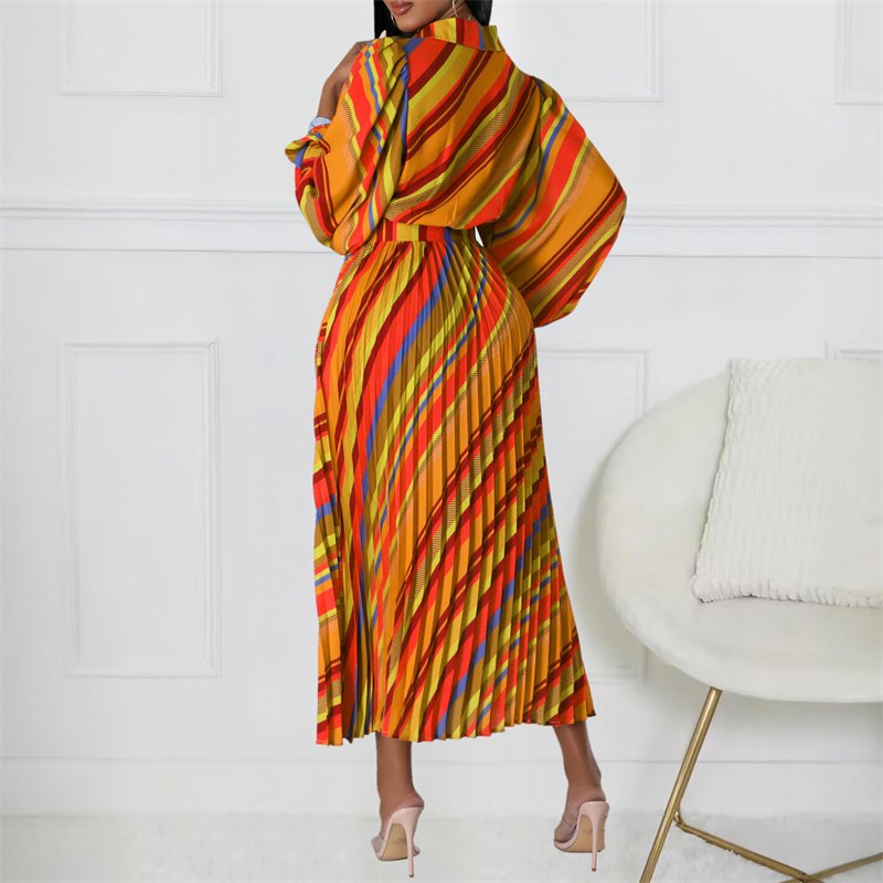 Latest lady elegant fashion maxi dress casual stripe print shirt dresses for women