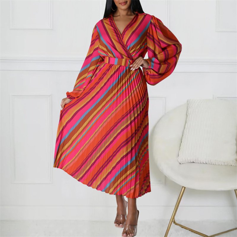 Latest lady elegant fashion maxi dress casual stripe print shirt dresses for women