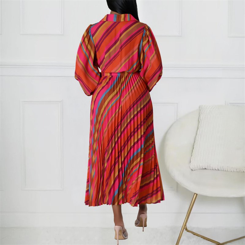 Latest lady elegant fashion maxi dress casual stripe print shirt dresses for women