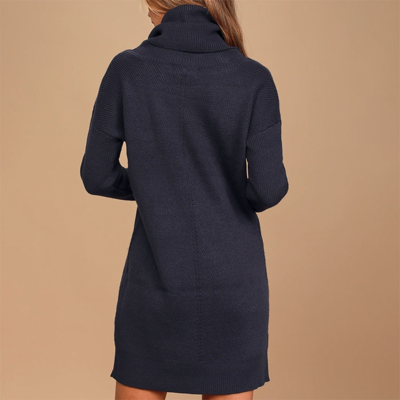 Customized Wholesale Autumn Fashion Dresses Turtleneck Solid Color Mini Casual Cotton Knitted Short Dress