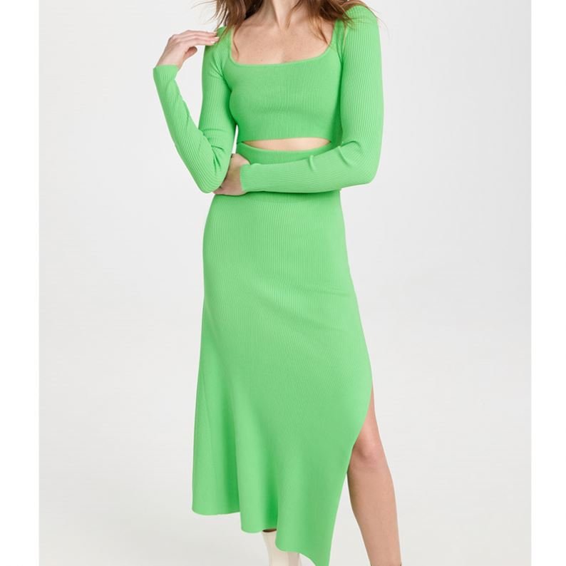Spring Summer New Design Solid U-neck Long Sleeve Casual Ladies Long Knitted Dress