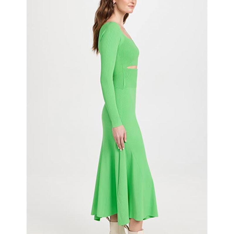 Spring Summer New Design Solid U-neck Long Sleeve Casual Ladies Long Knitted Dress