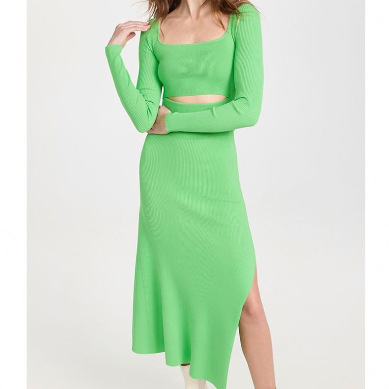 Spring Summer New Design Solid U-neck Long Sleeve Casual Ladies Long Knitted Dress