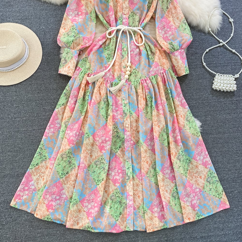 Wholesale 2023 Summer Lantern Long Sleeve Standing Neck Waist Single Breasted Printed A-line Elegant Women's Dress