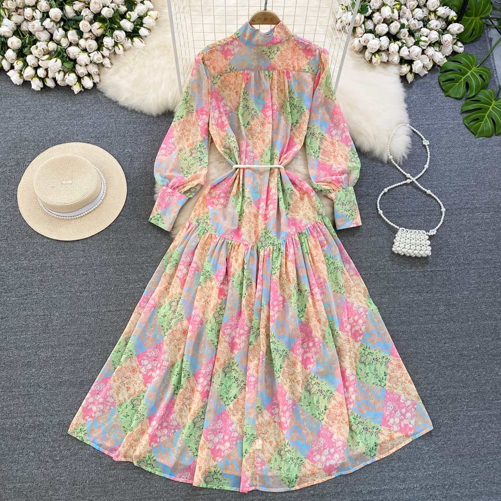 Wholesale 2023 Summer Lantern Long Sleeve Standing Neck Waist Single Breasted Printed A-line Elegant Women's Dress