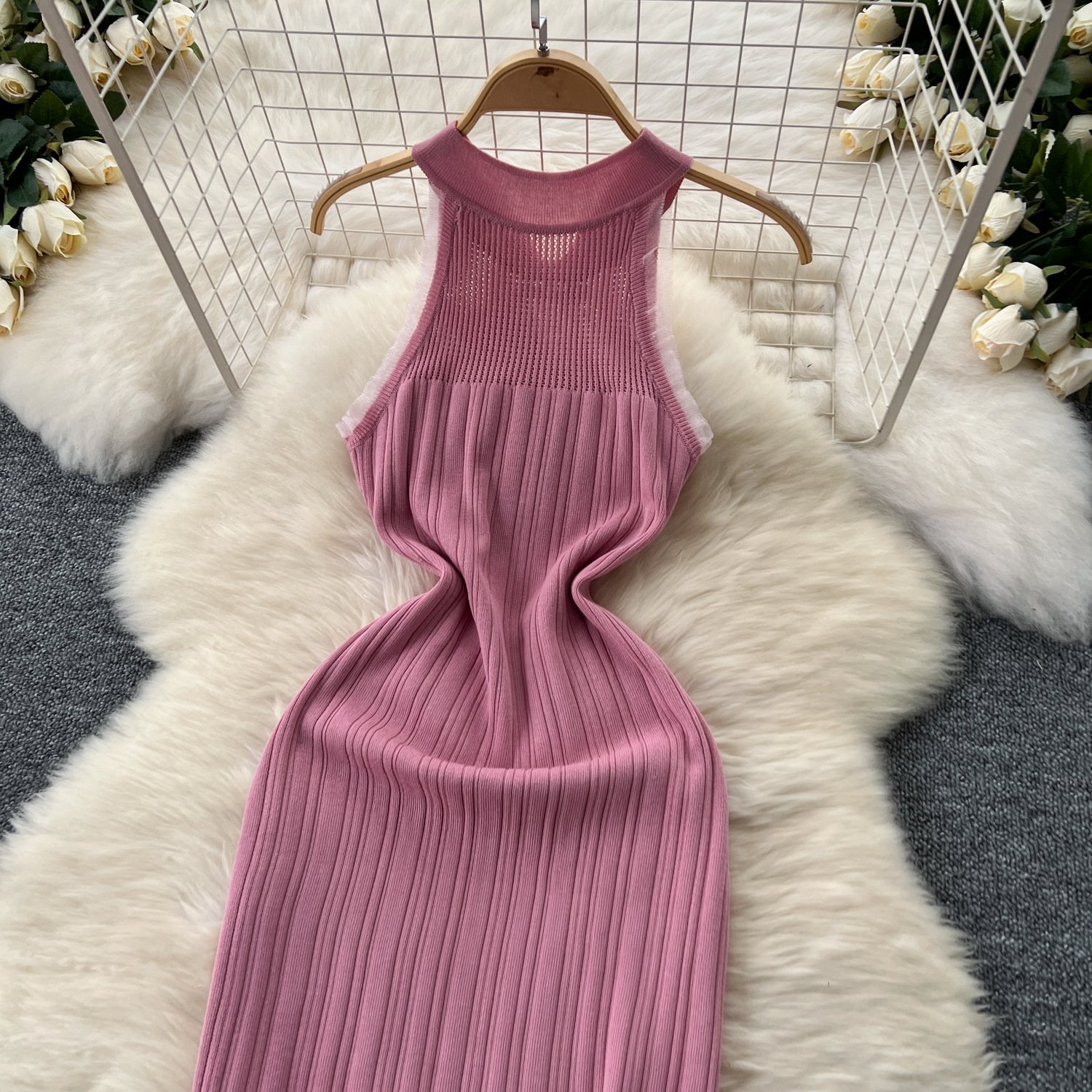 Summer Sleeveless Knit Dress Women High Waist Midi Sheath Dress Ladies Casual Dress