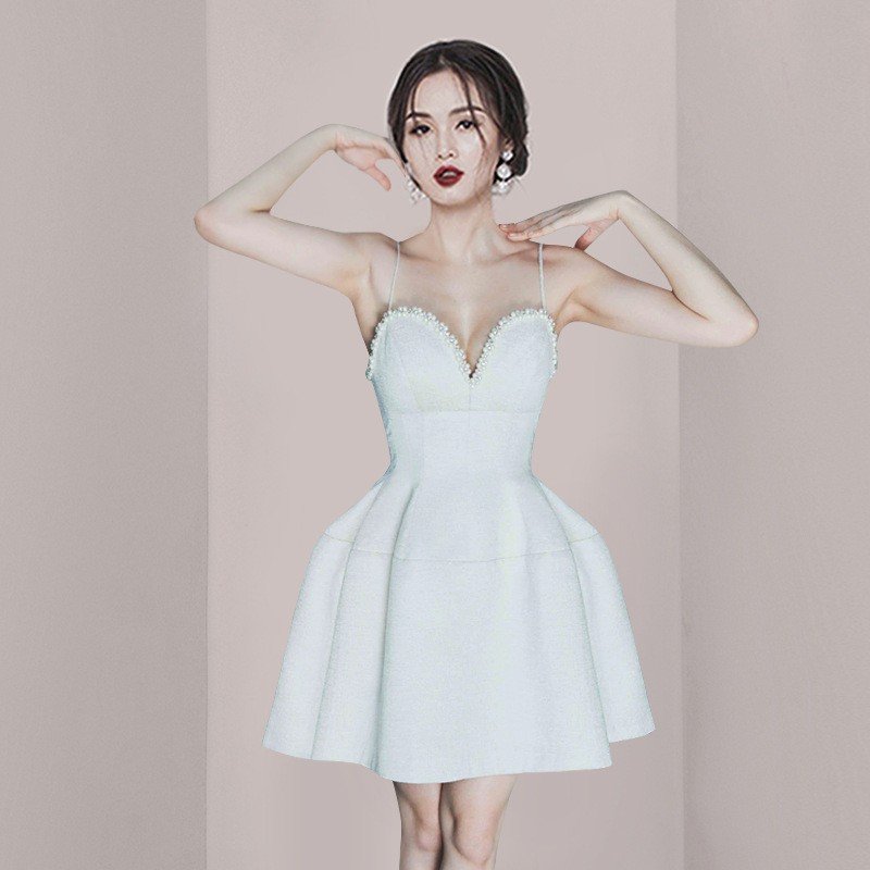 White pearl embellished mini Dress for 2022 Summer collection Dinner and birthday party