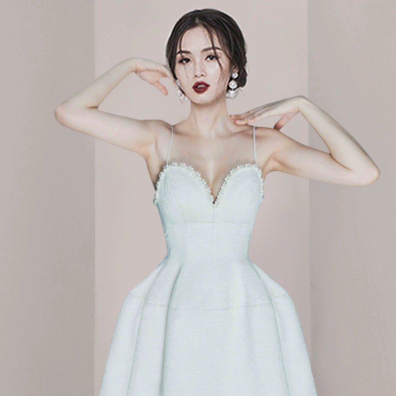 White pearl embellished mini Dress for 2022 Summer collection Dinner and birthday party