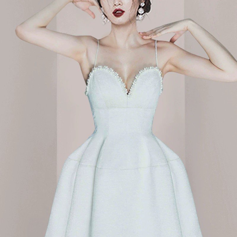 White pearl embellished mini Dress for 2022 Summer collection Dinner and birthday party