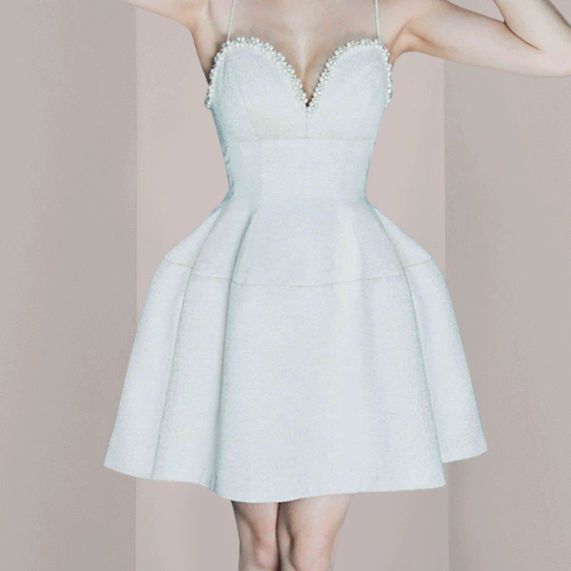 White pearl embellished mini Dress for 2022 Summer collection Dinner and birthday party