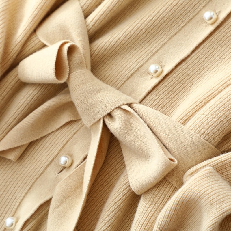 Custom luxury Cashmere Women winter maxi long knitted sweater dress ladies long sleeve knitwear pearl belt sweater Dresses