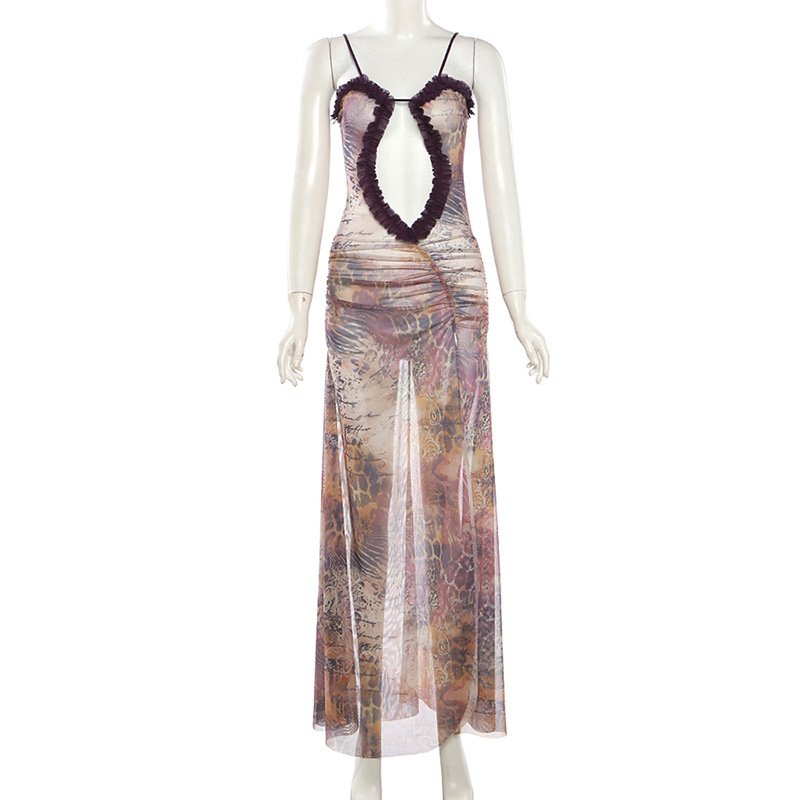 K23D39831Sexy Fashion Mesh Print Sleeveless Maxi Dresses Ladies Hollow Out Women Casual Dresses