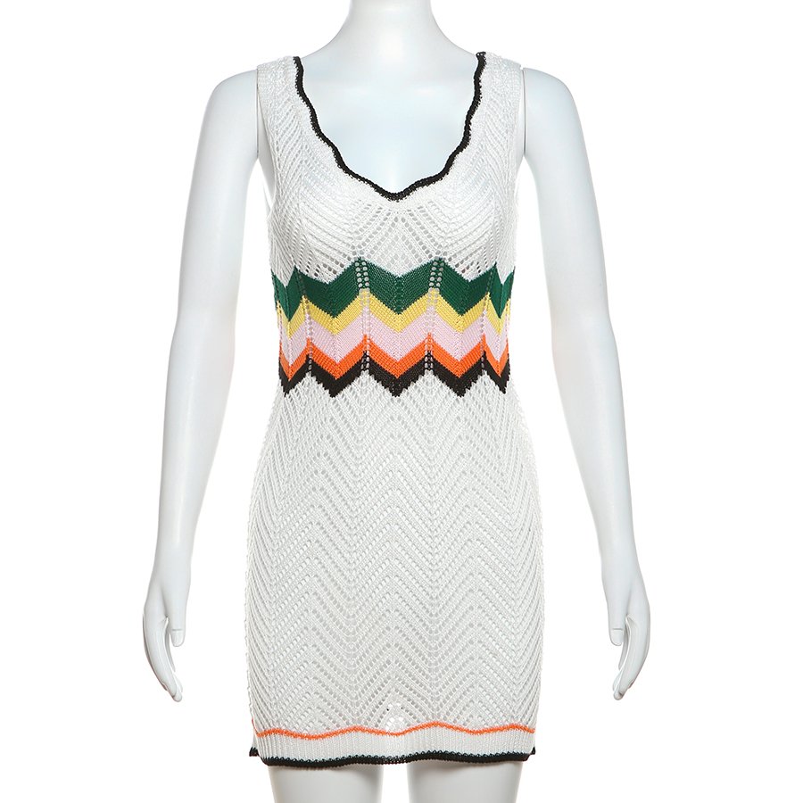 Kliou W24D45315 Sleeveless V-neck Ladies Dresses Knit Dress Color blocking Trendy Casual Slim Dress