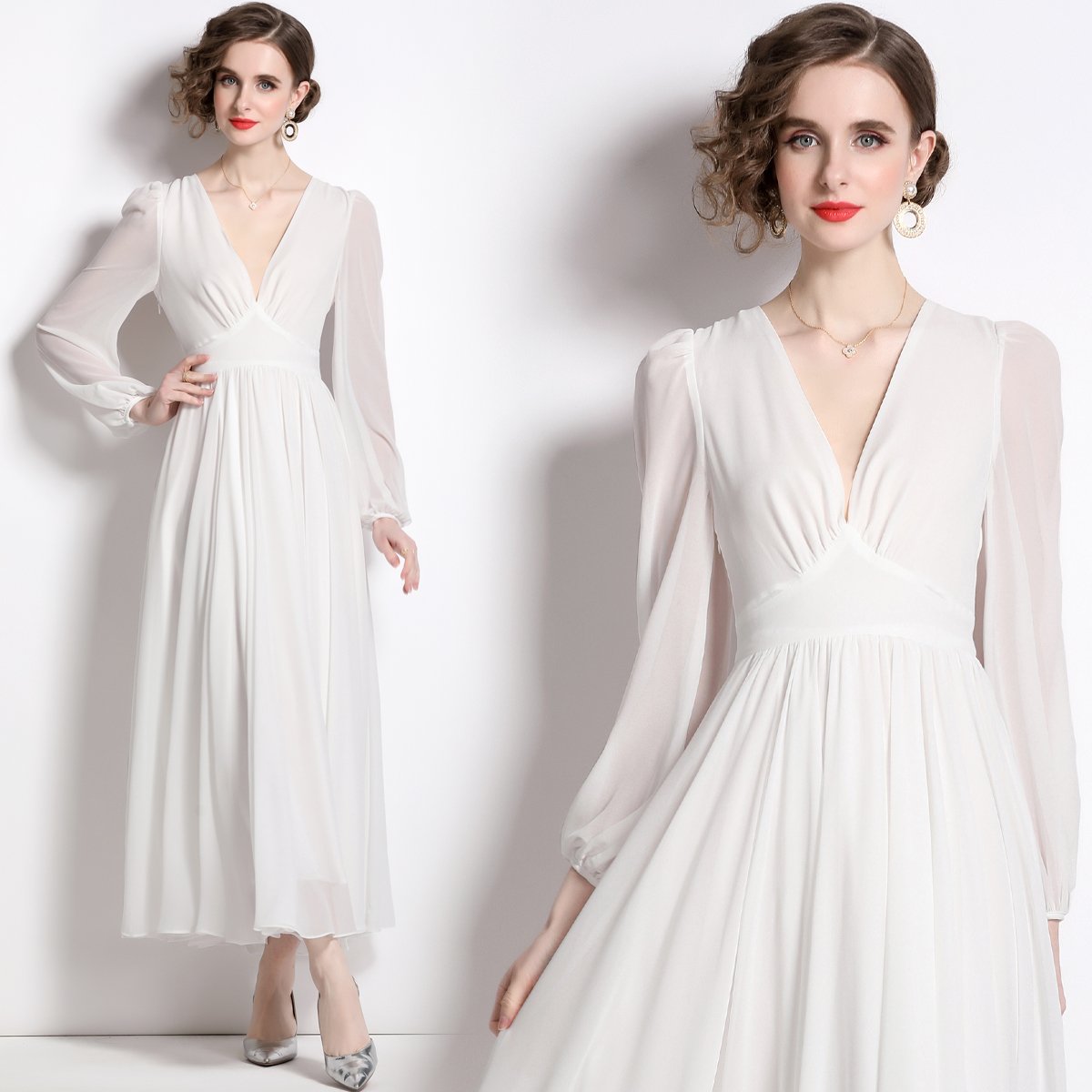 French court vintage style thin white dress long sleeve V-neck long skirt HL8122088